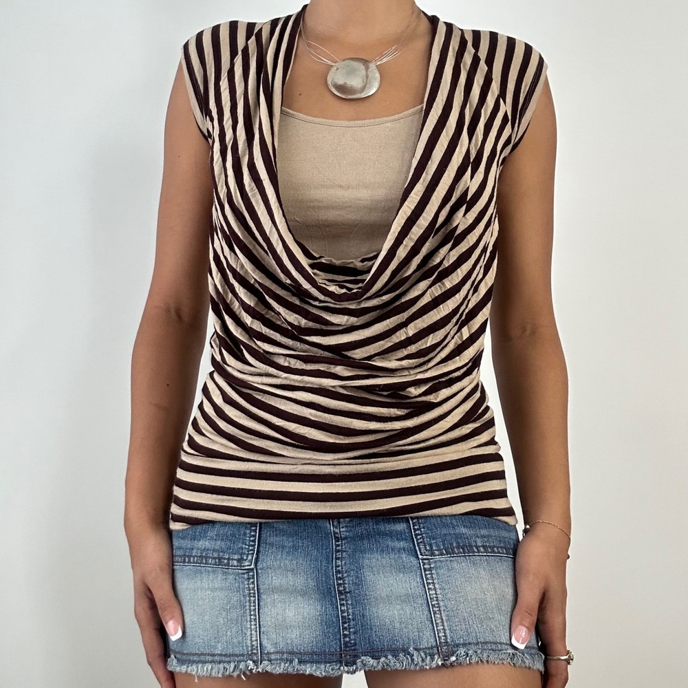 Y2K Cache XS Top Brown Beige Striped Sleeveless Cowl Neck Knit Tank Blouse - Picture 6 of 6